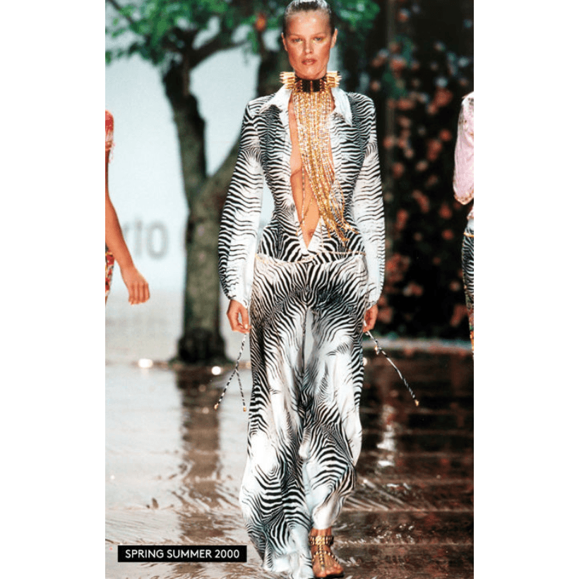 S/s 2000 Roberto Cavalli Runway Silk Zebra Plunging Jumpsuit
