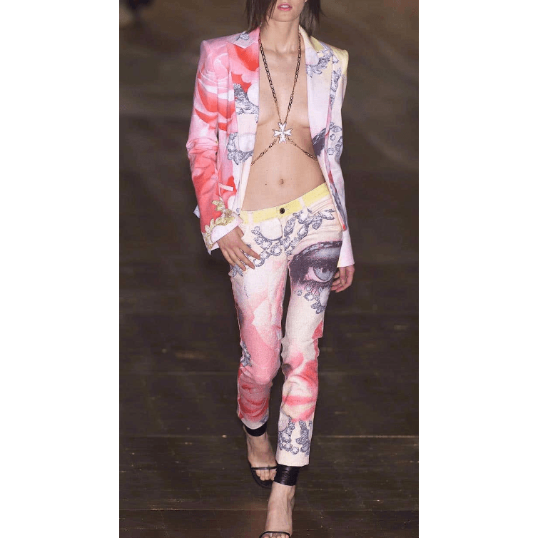 Roberto Cavalli Multicoloured Face Printed Metallic Cotton Pant Suit, Ss 2001