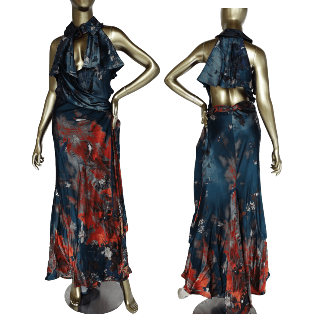 Jean Paul Gaultier Silk Bird Navy Wrap Dress