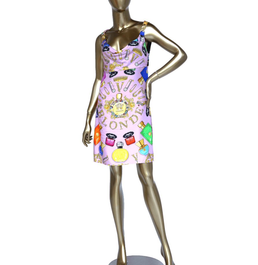Versace Perfume Print Silk Mini Dress