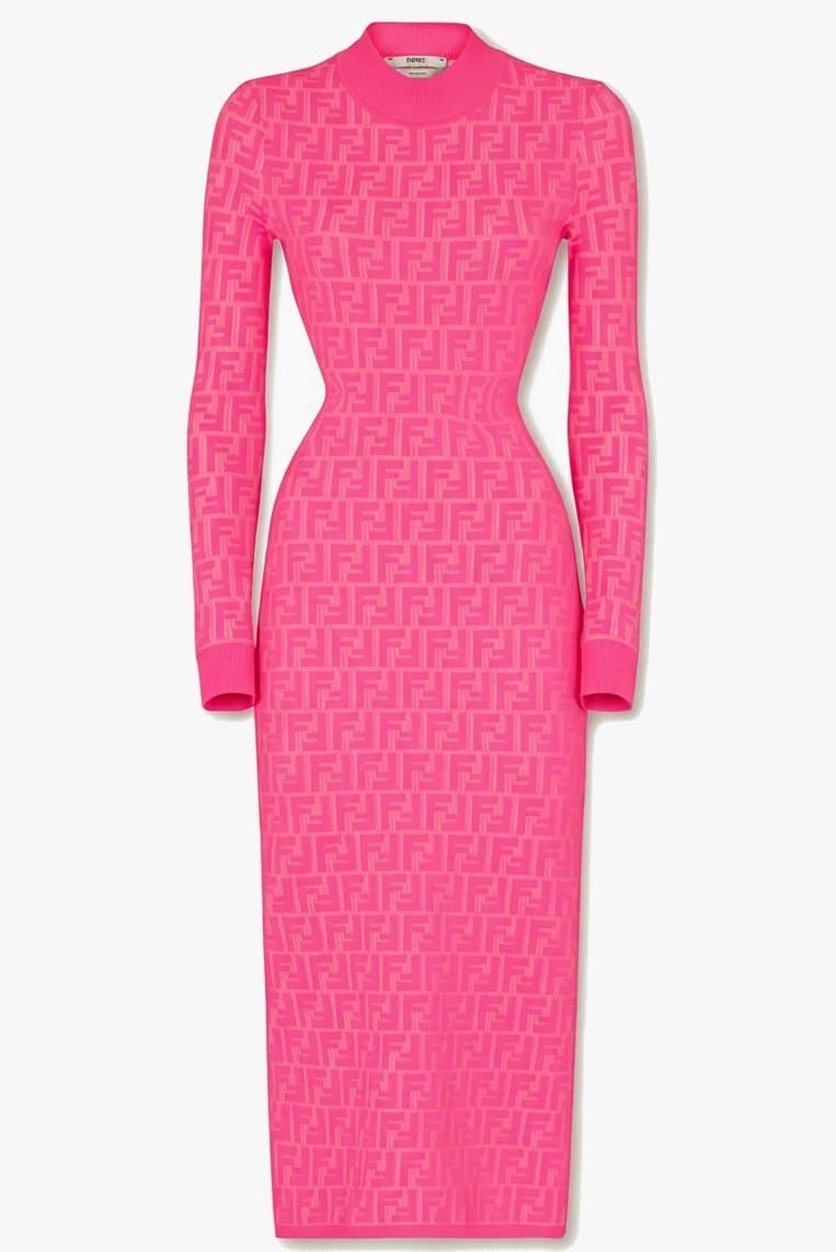 Fendi Pink Printed Logo Long Sleeve Dress With Mock Neck