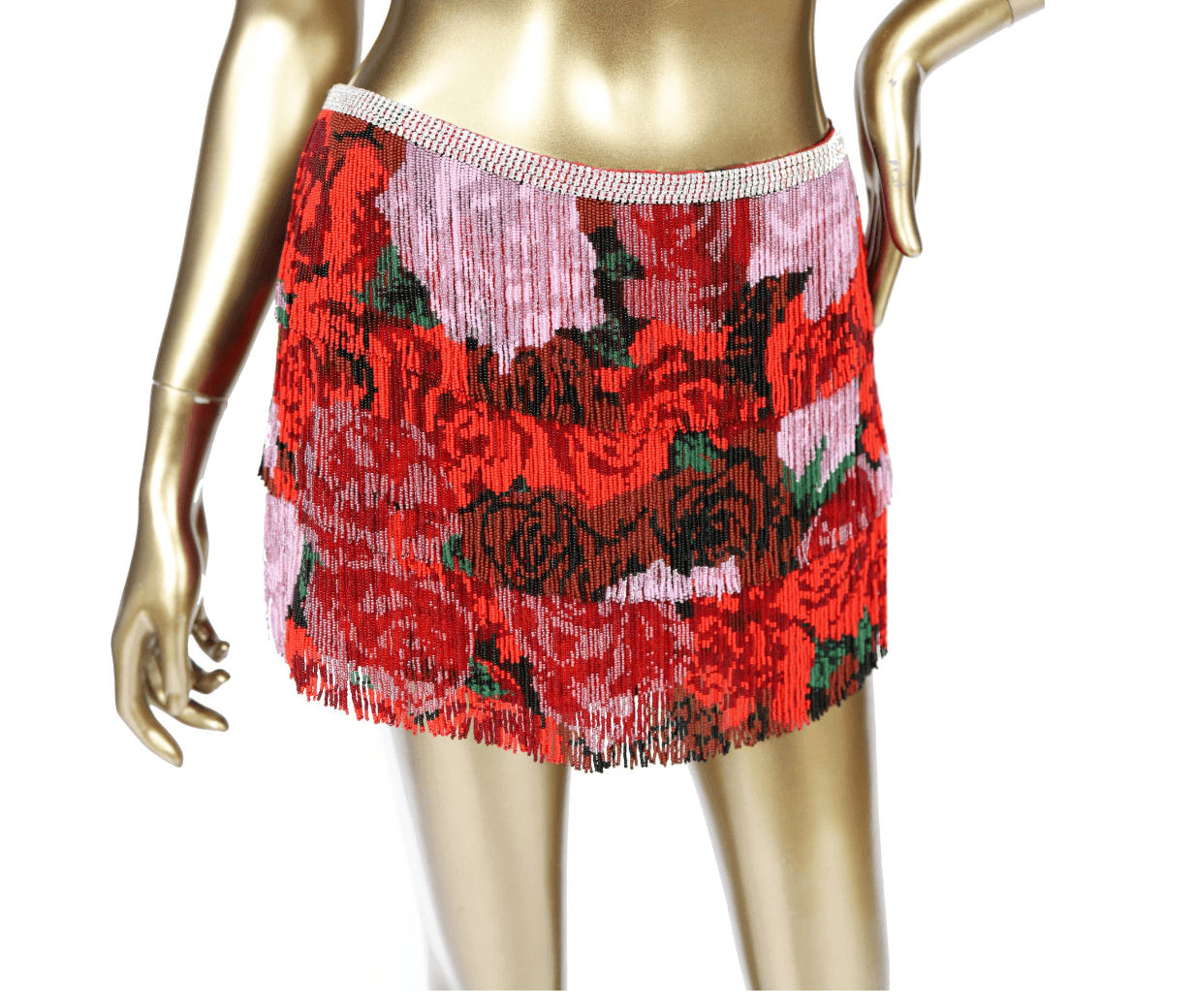 Magda Butrym Beaded Fringe Mini Skirt In Red Roses Print