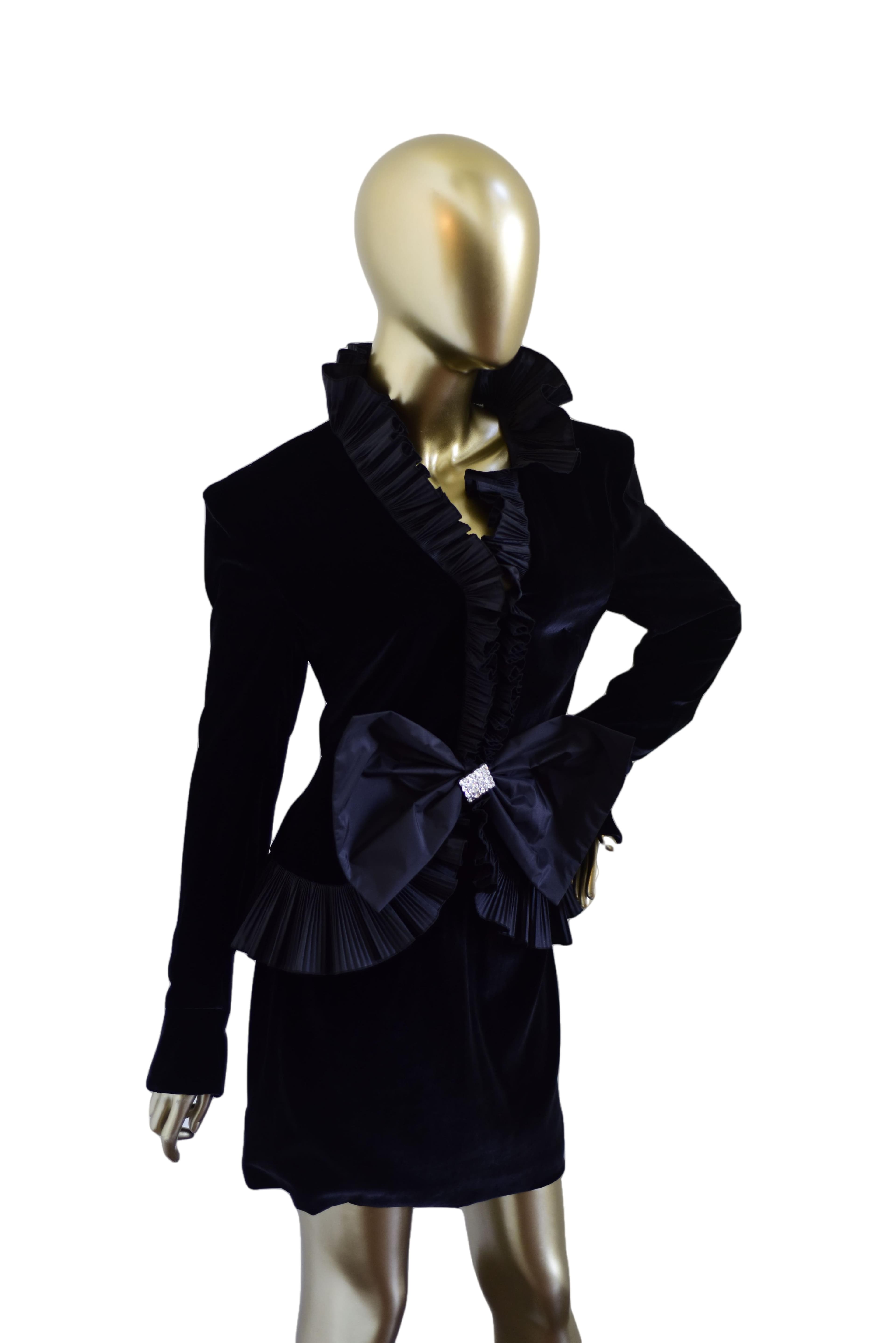 Alessandra Rich Black Velvet Ruffle Cocktail Dress