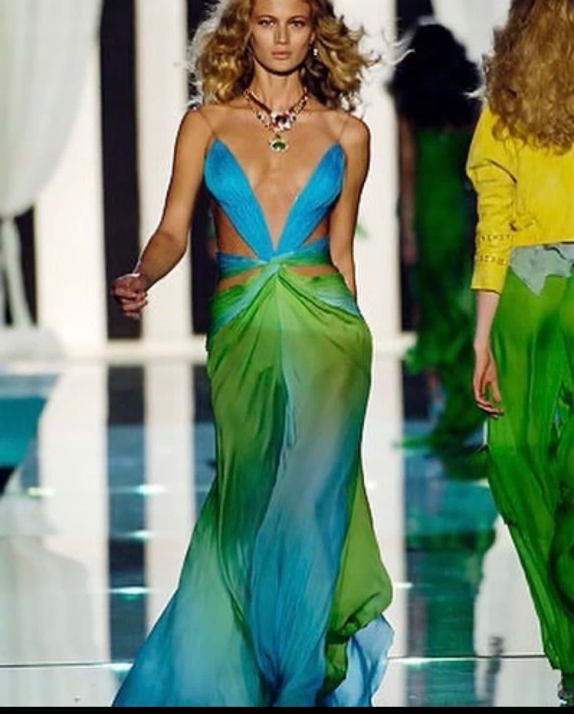 Roberto Cavalli Vintage Blue Green Chiffon Plunge Gown