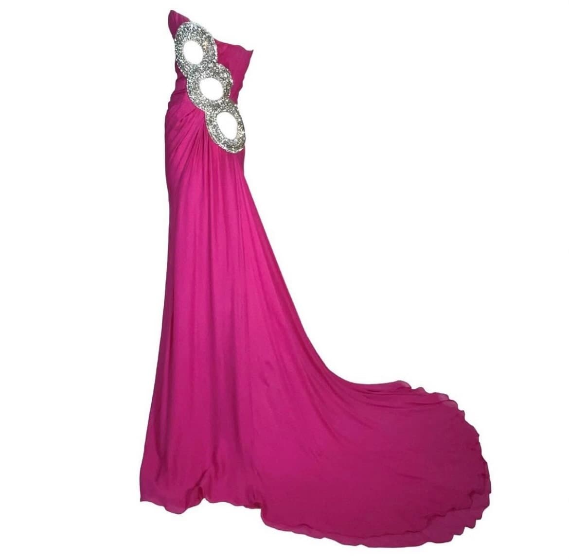 Roberto Cavalli 2004 Hot Pink Silk Crystal Cut-out High Slit Gown Dress
