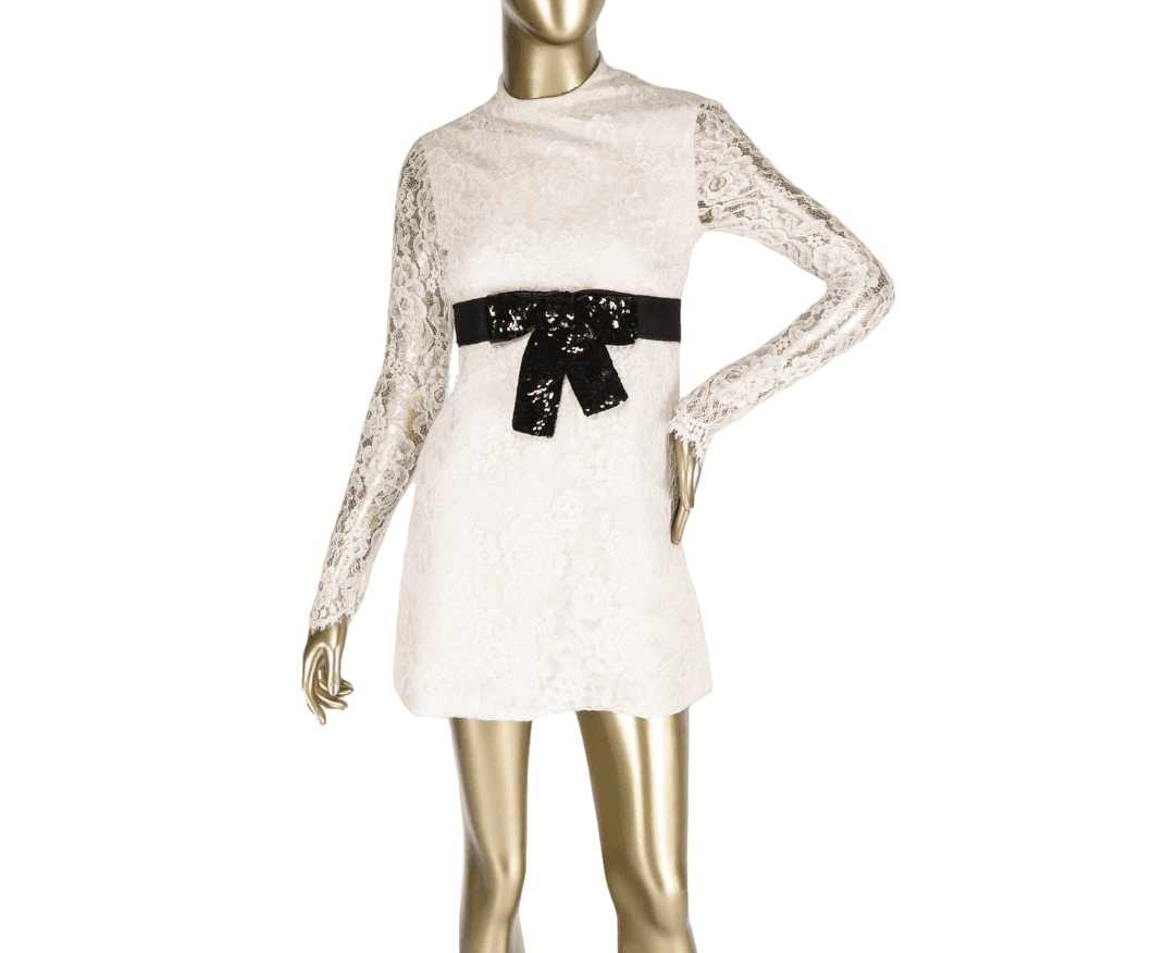 Saint Laurent White Lace Dress With Black Sequin Waist Bow Size