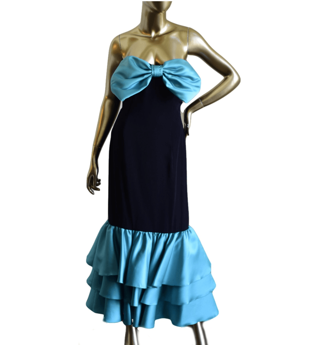Louis Feraud Strapless Black Gown With Blue Ruffles