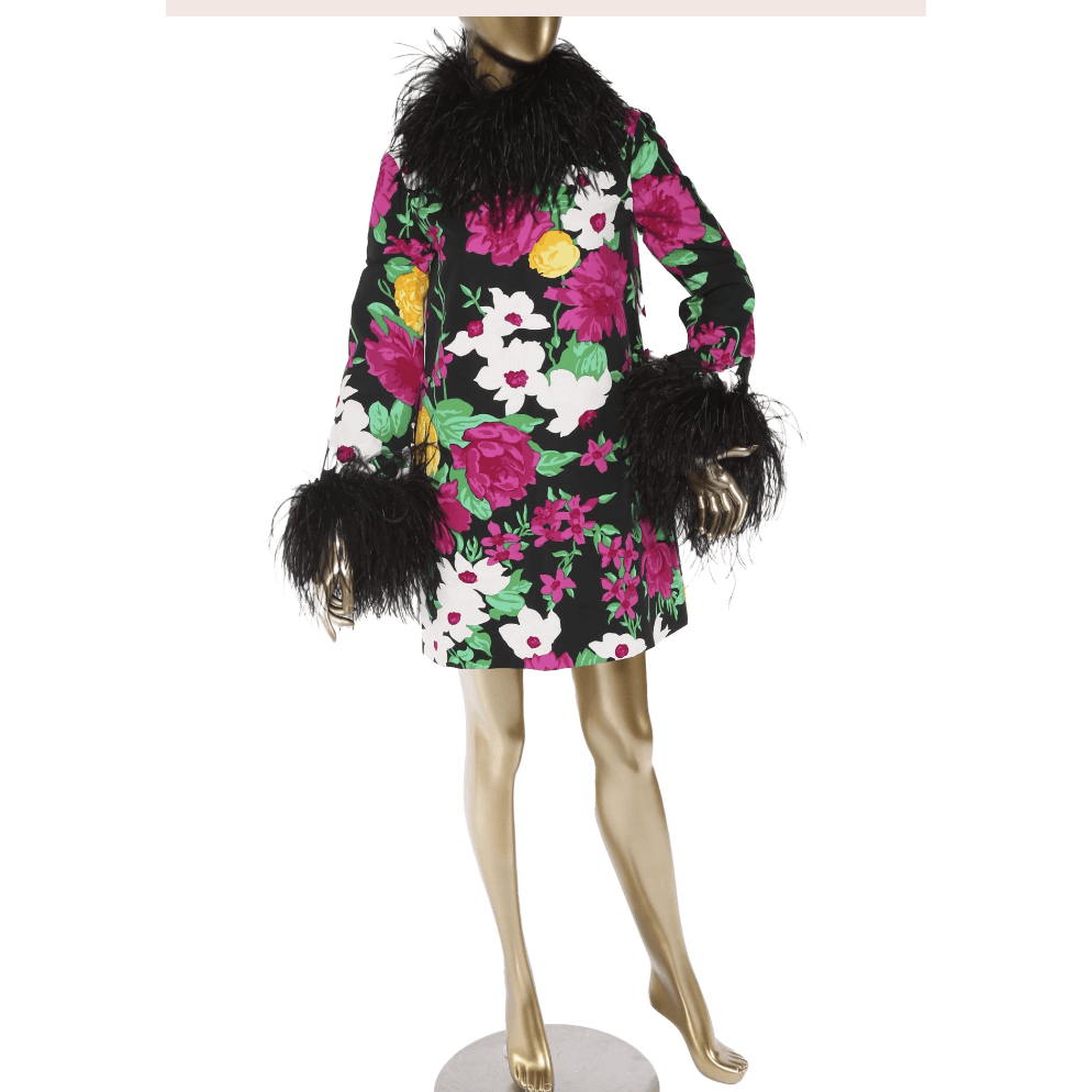 Saint Laurent Feather-trim Floral-jacquard Cotton-faille Dress In Multi