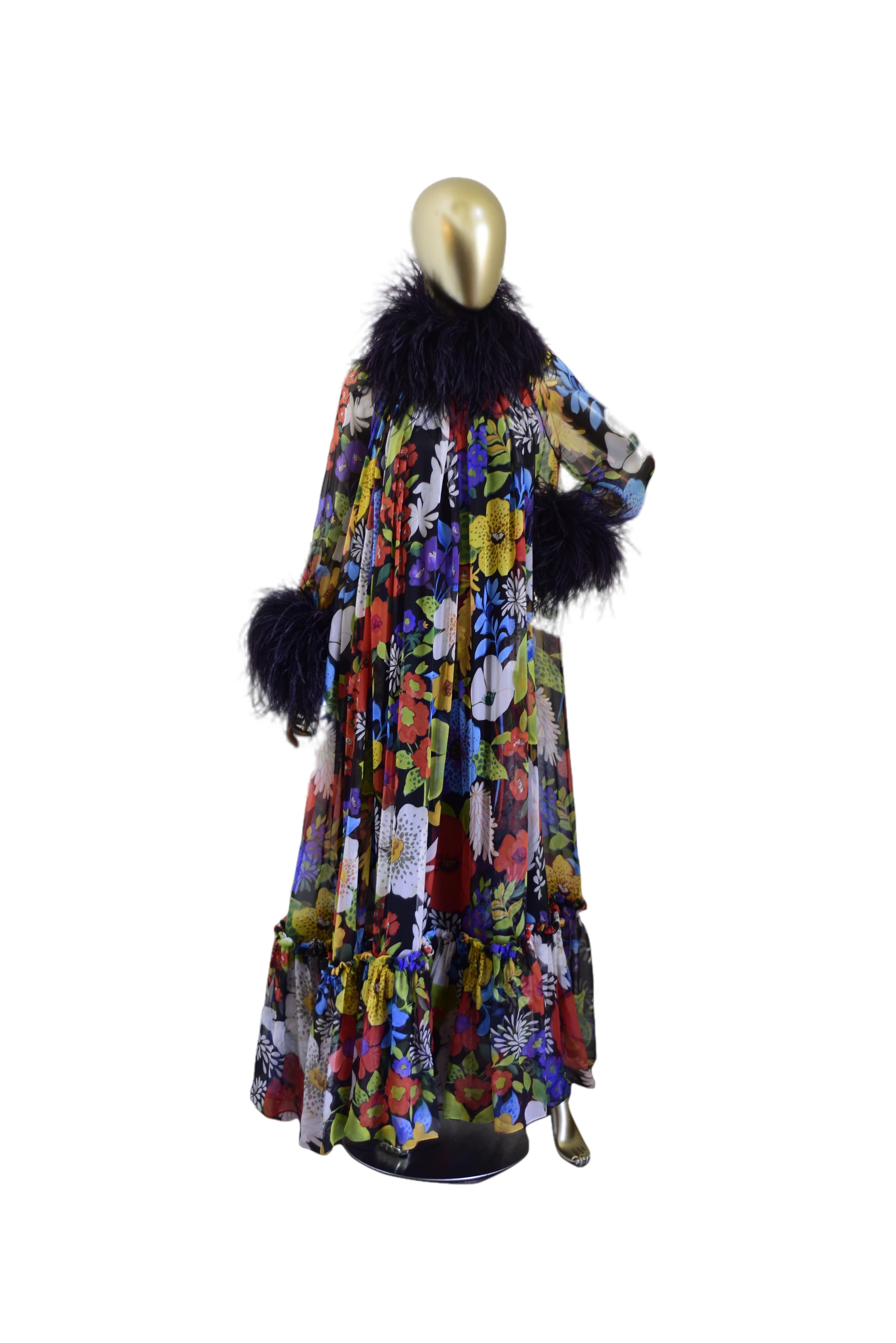 Saint Laurent Feather-trimmed Floral-print Silk-crepe Gown