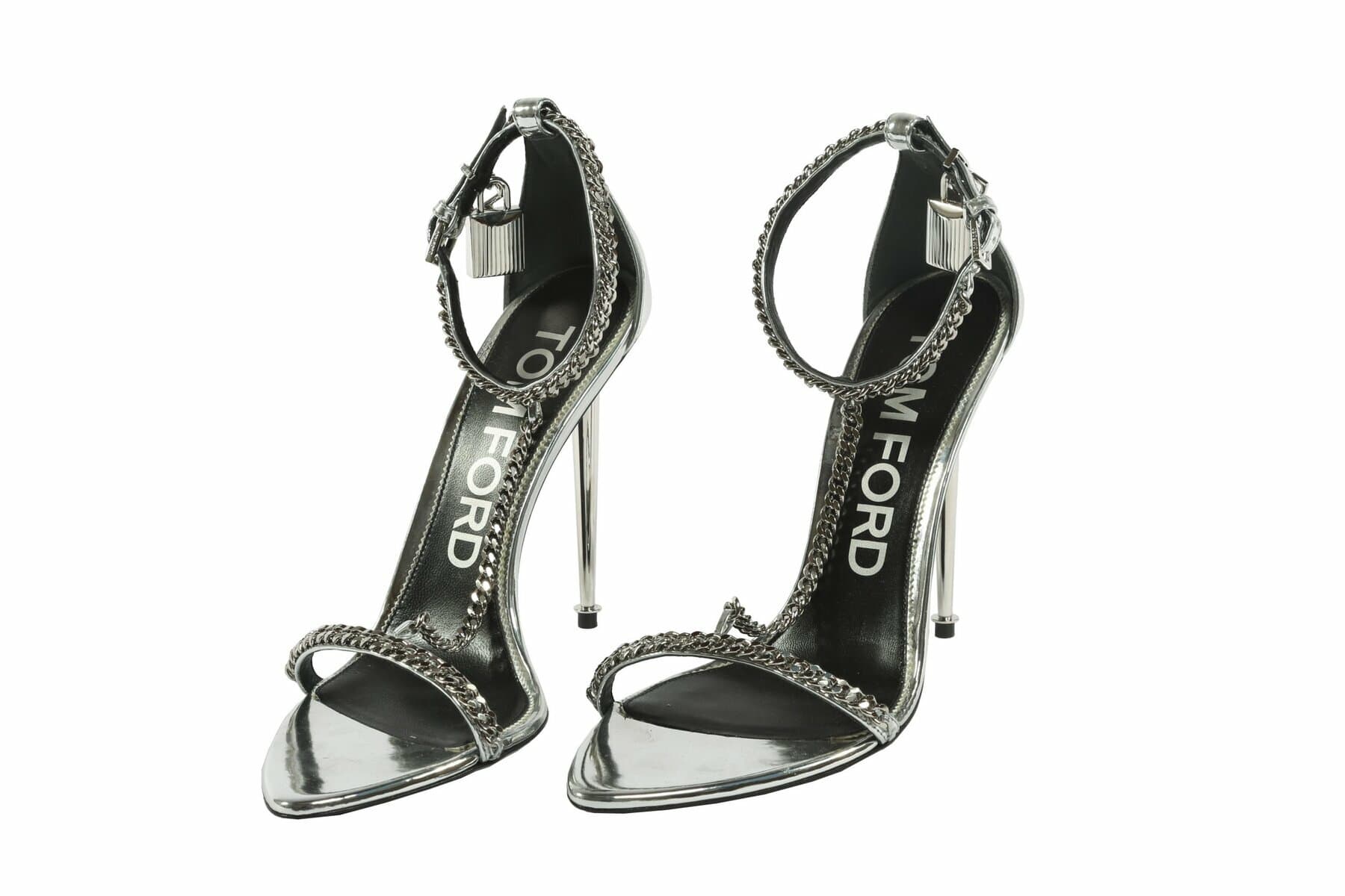 Tom Ford Mirror T-strap Padlock 105 Sandal Silver Heels