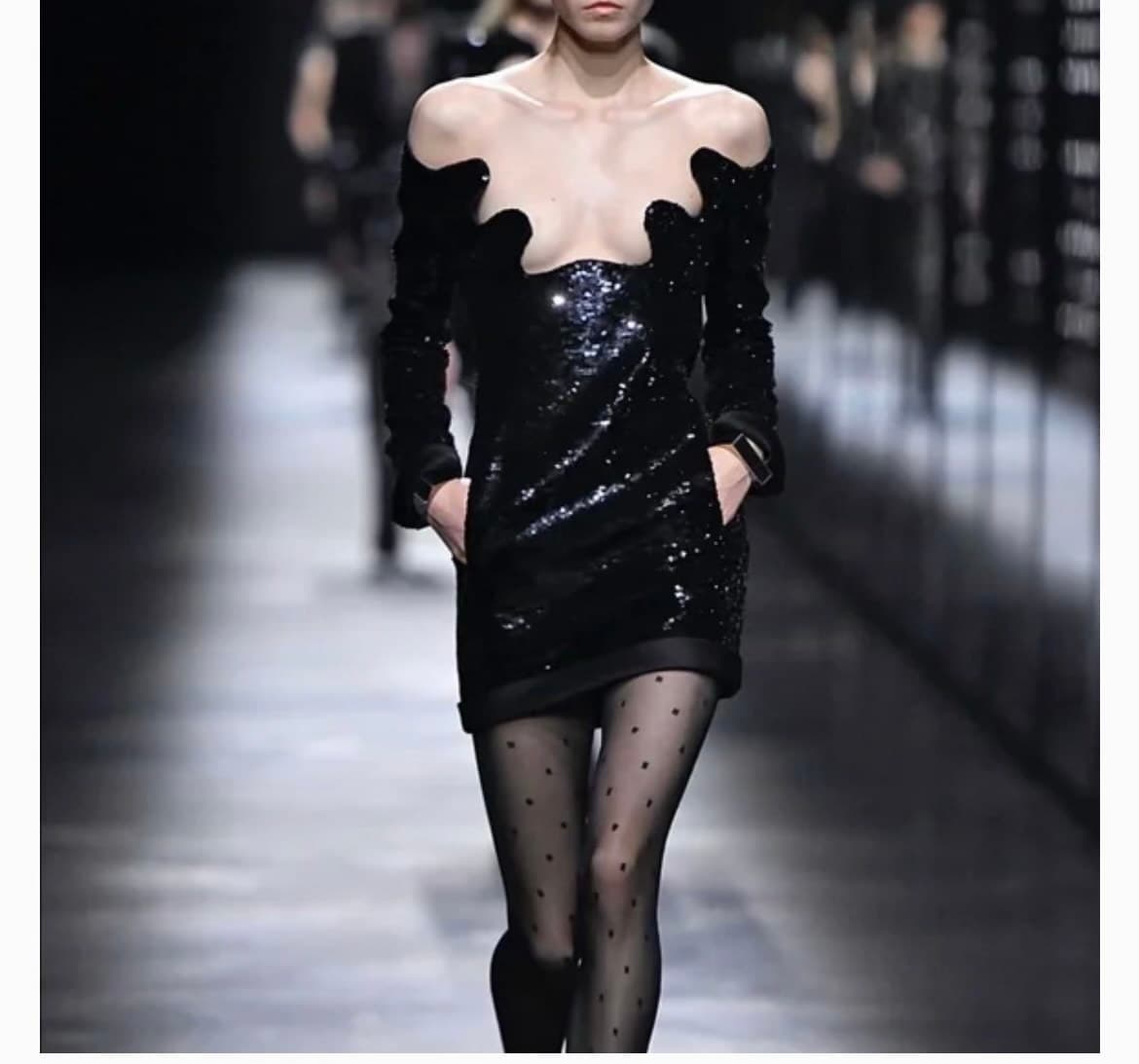 Saint Laurent Black Sequin Scalloped Bust Mini Dress