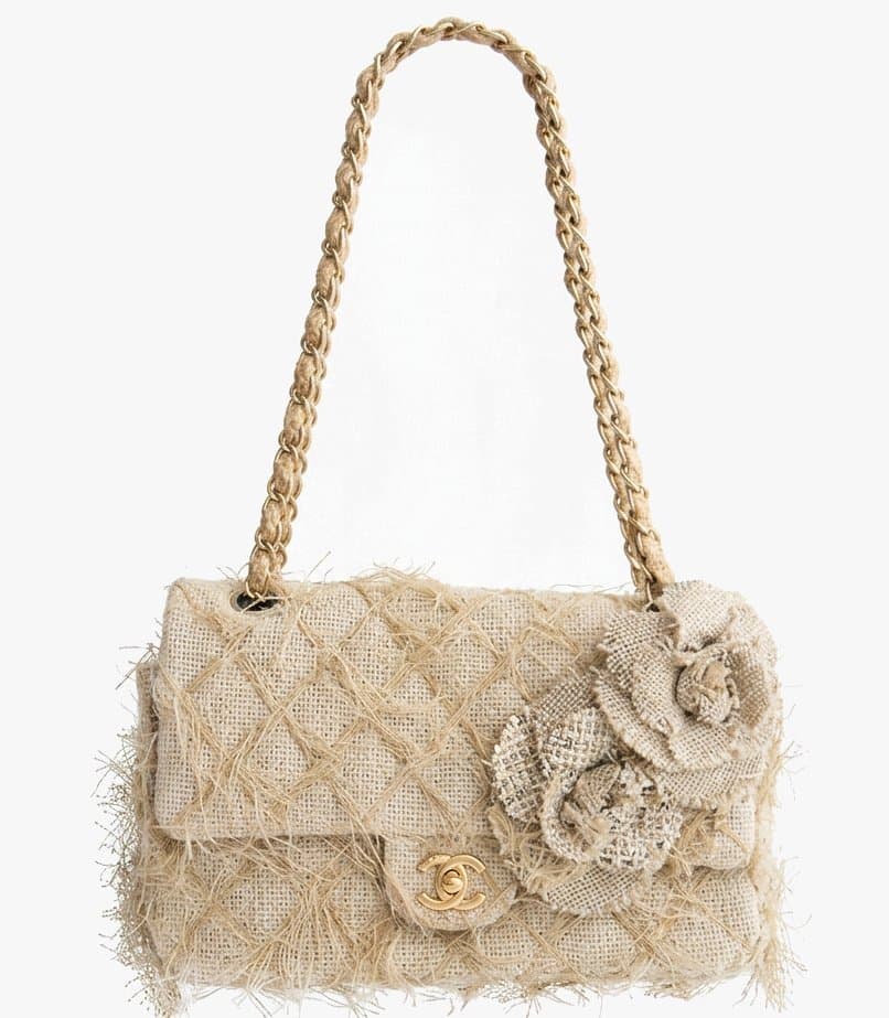 Chanel Taupe Beige Burlap/ Jute Camellia Flap Bag