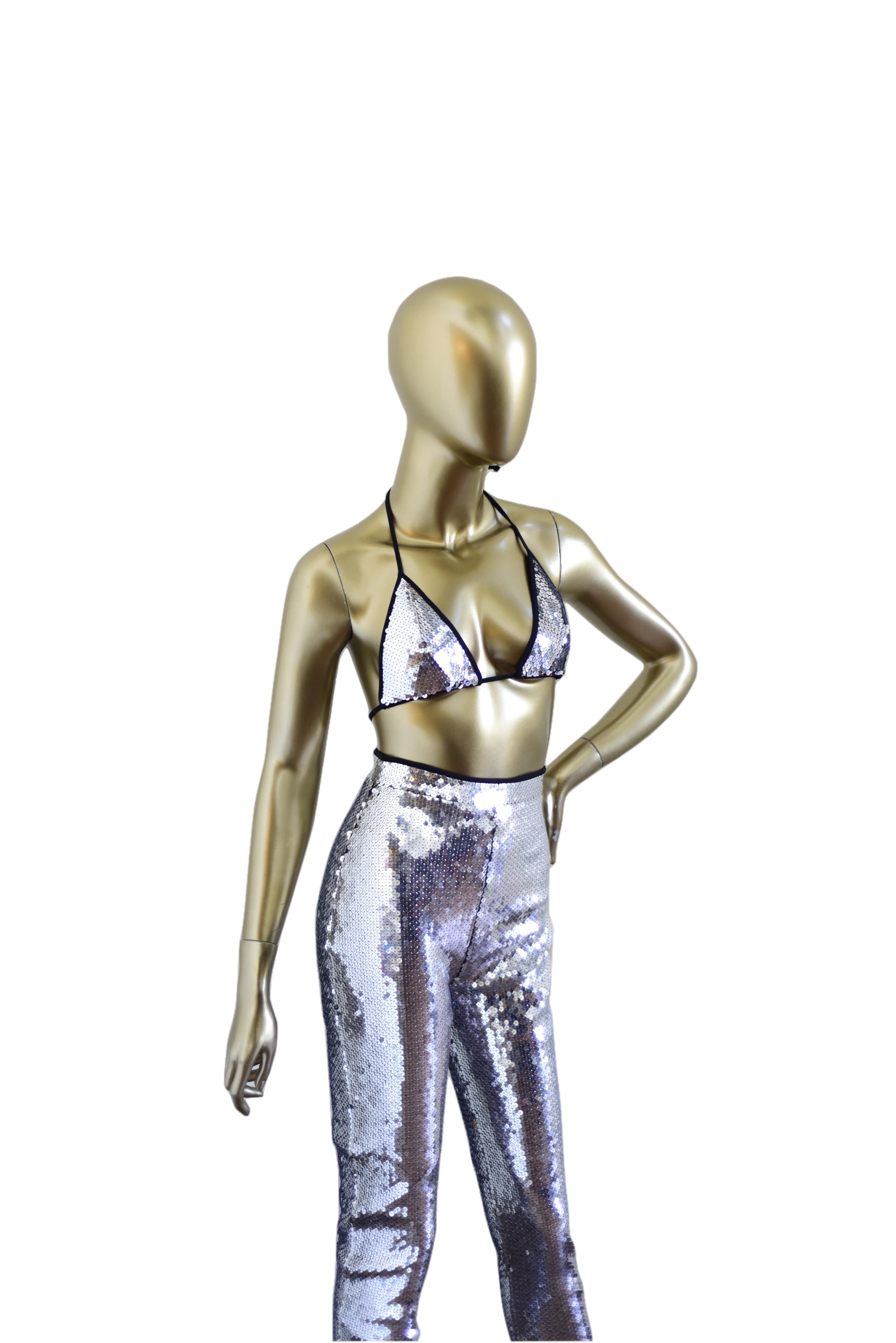 David Koma Two Piece Silver Sequin Pant And Bra Set