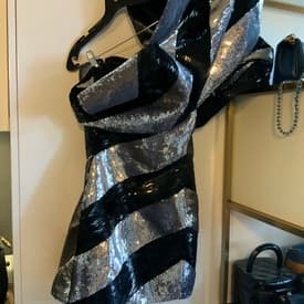 Saint Laurent Silver And Black Striped One Shoulder Sequin Mini Dress — image 1