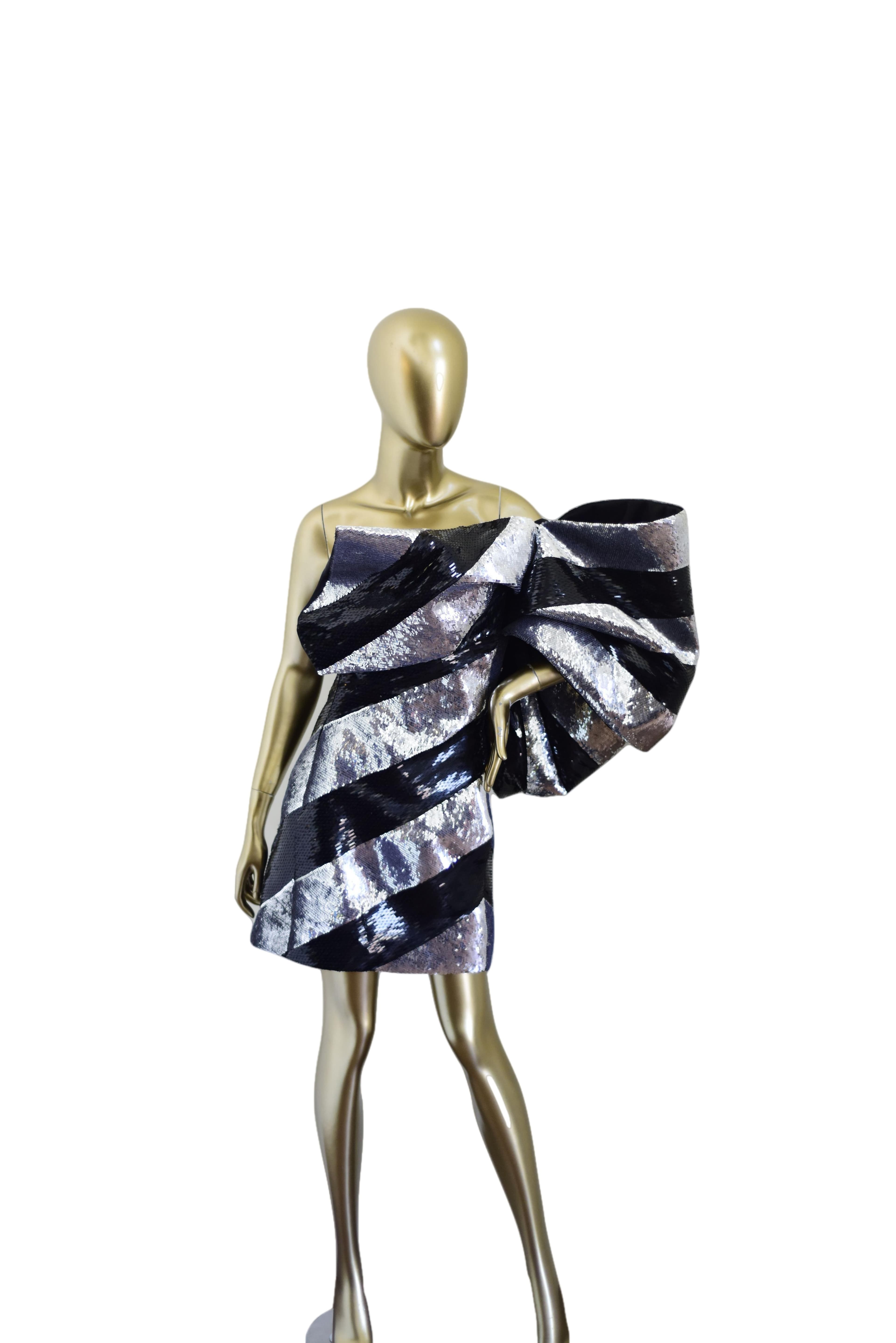 Saint Laurent Silver And Black Striped One Shoulder Sequin Mini Dress