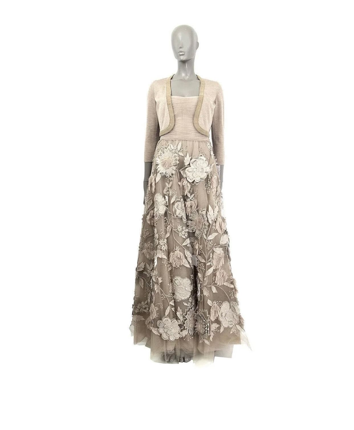Oscar De La Renta Taupe Strapless Flower Embellished Tulle Gown With Bolero