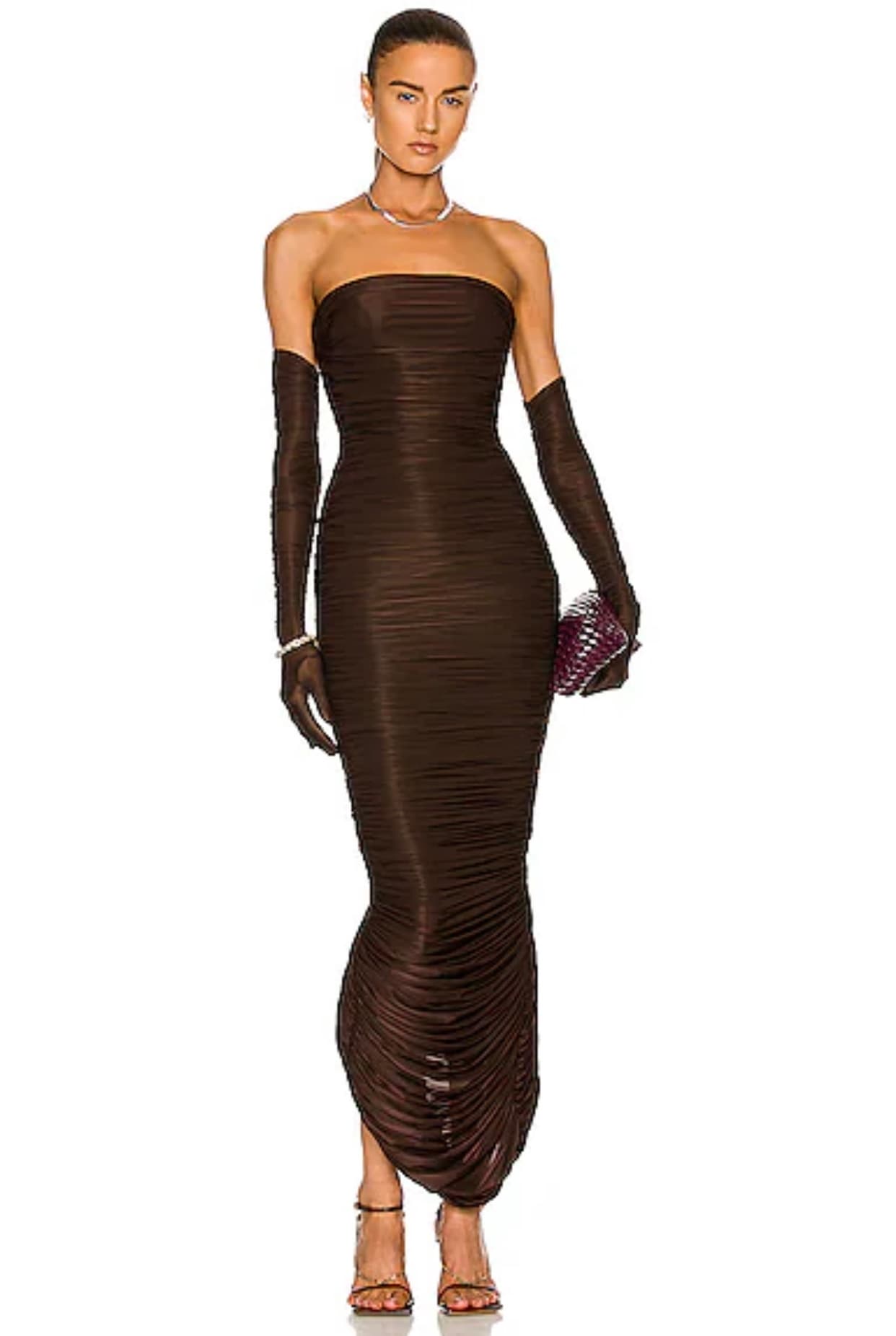 Alex Perry Ruched Off The Shoulder Maxi Dress With Gloves
