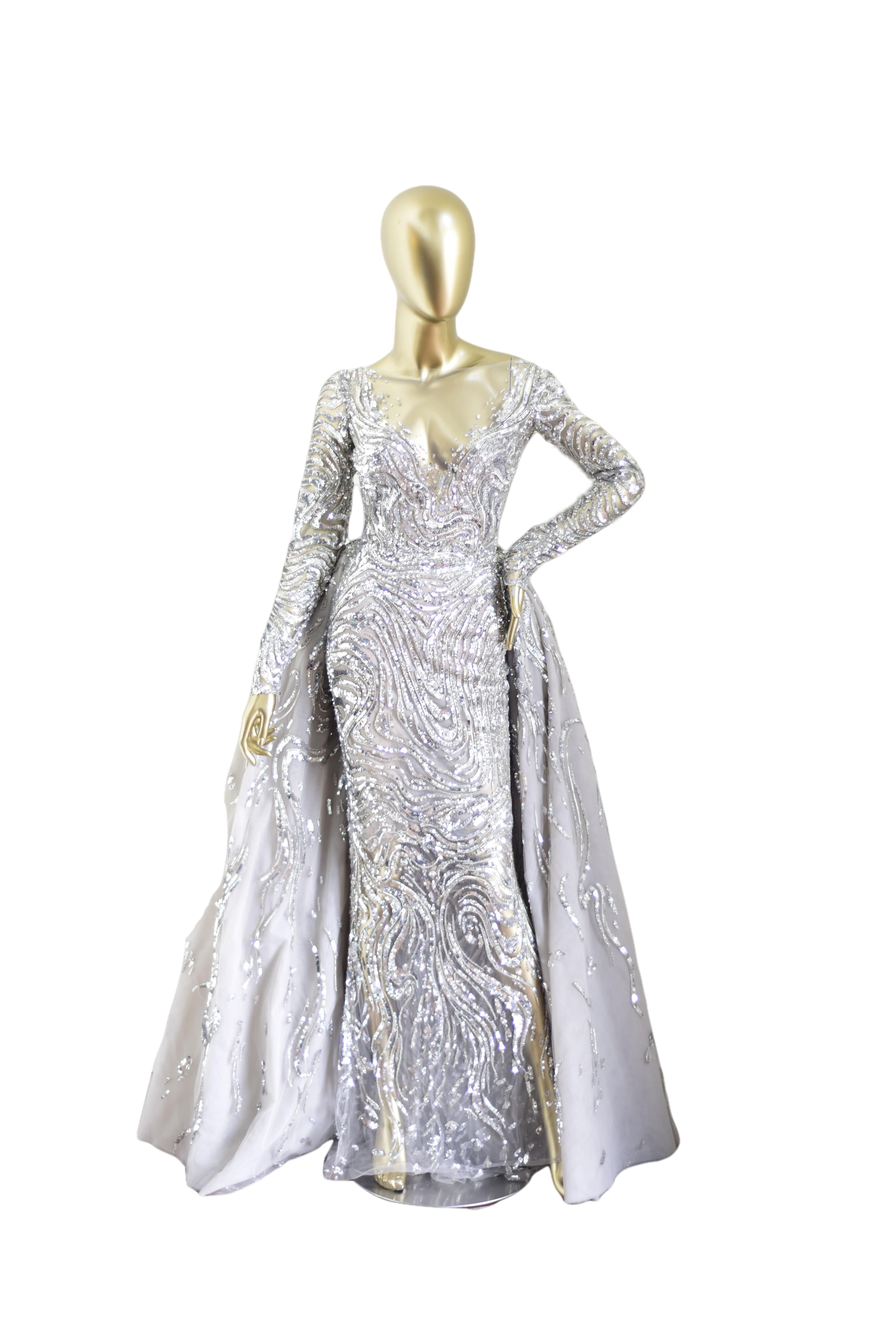 Zuhair Murad Silver Sequin Dress With Train
