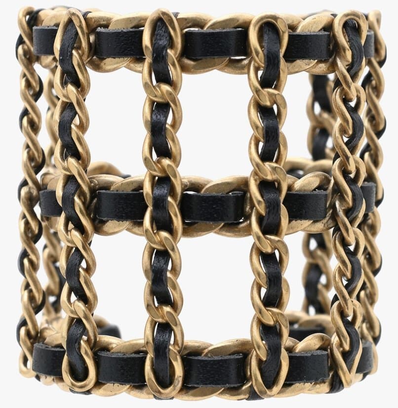Chanel Wide Chain Bracelet Gold Black Leather