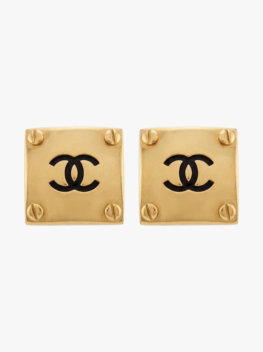 Antique Chanel Golden Carré Clip-On Earrings with CC Logo