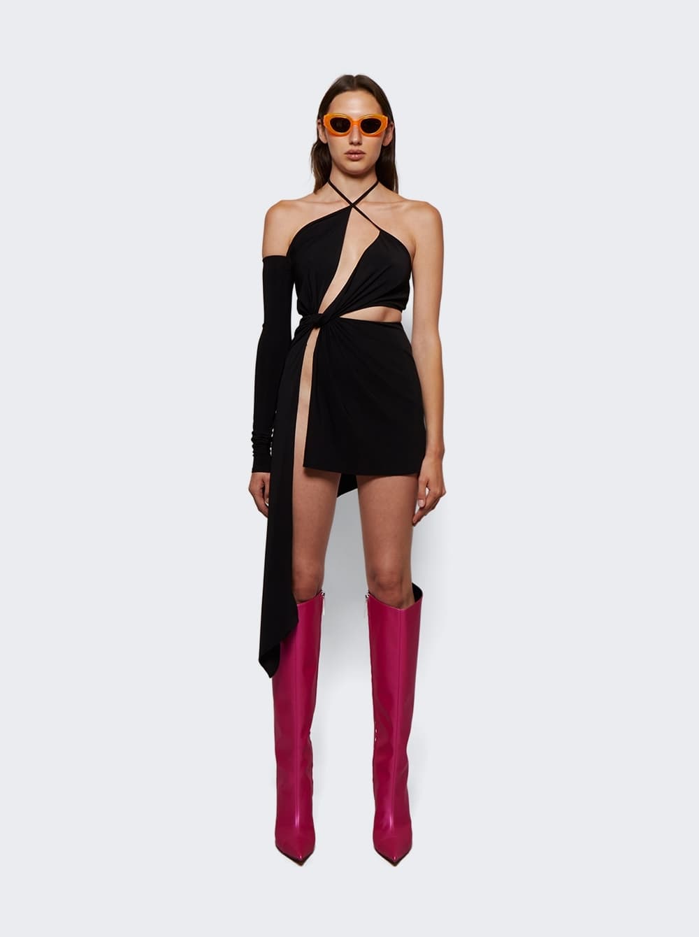 Monot Black Asymmetrical One Shoulder Sleeve Jersey Dress