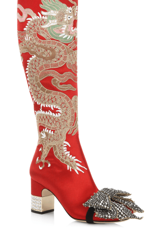 Gucci Candy Dragon-embroidered Satin Tall Boots