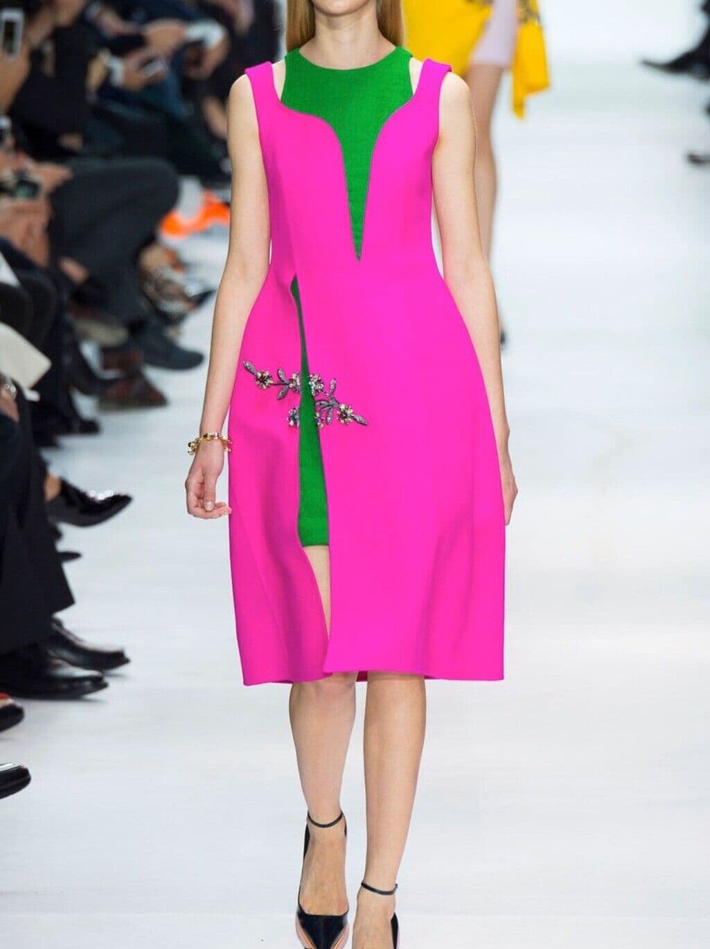 Christian Dior Fall 2014 Raf Simons Green Pink Wool Blend Cutout Embellished Dress