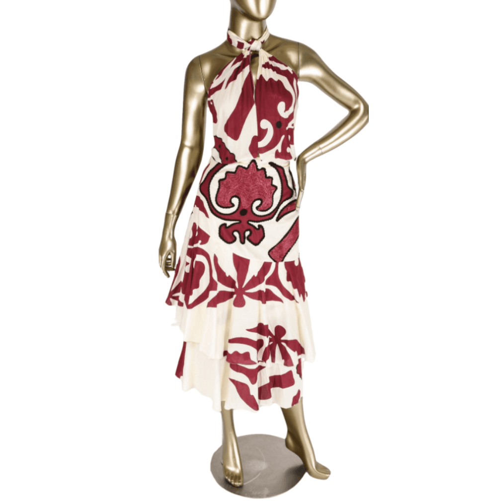 Johanna Ortiz Printed Ivory Red And Black Halter Dress