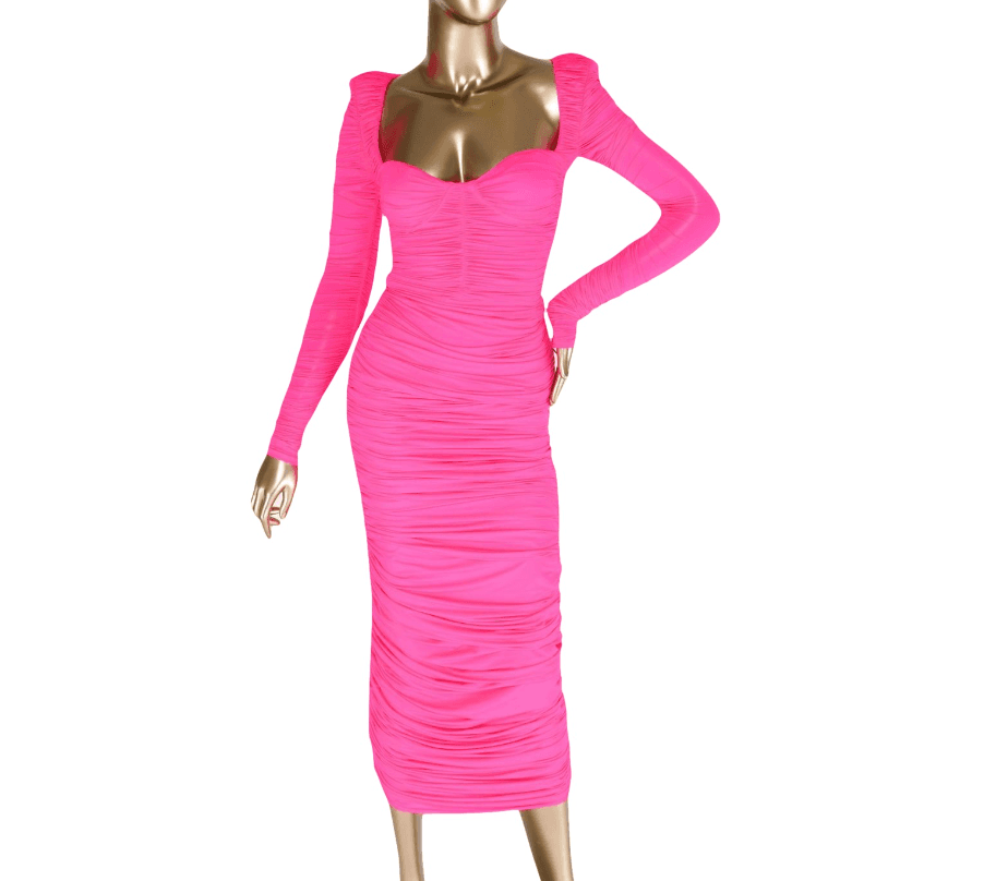 Alex Perry Neon Pink Ruched Sweetheart Midi Dress