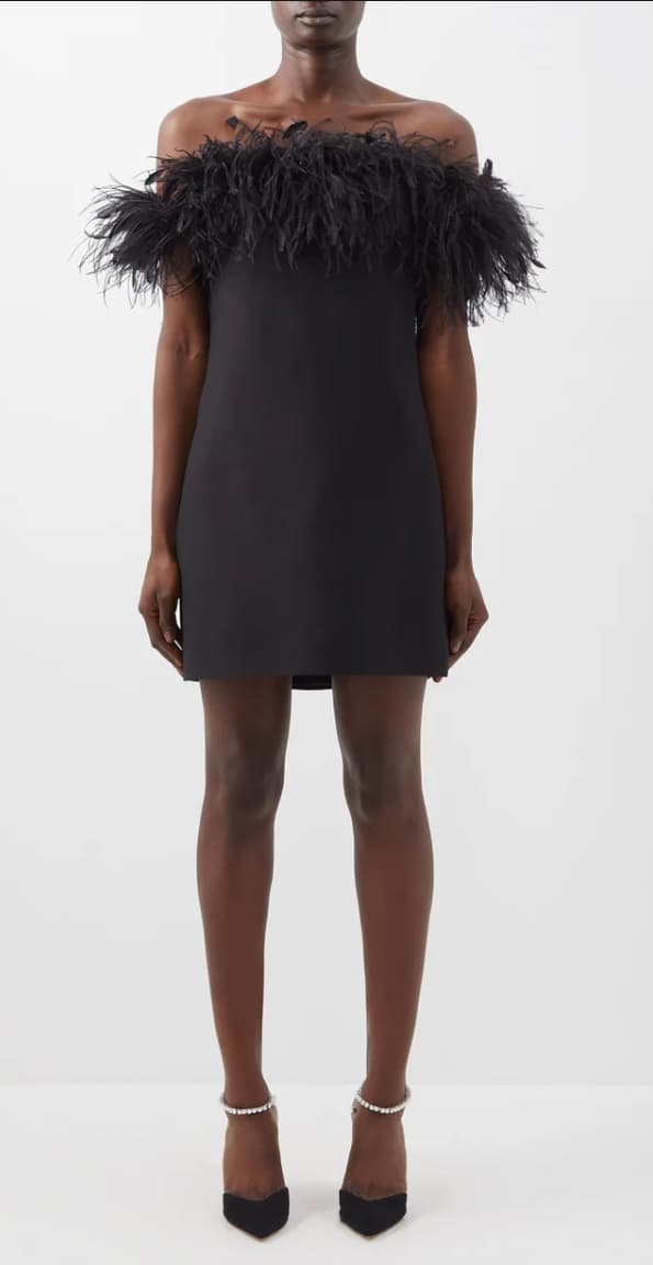 Valentino Black Feather-trimmed Wool-silk Mini Dress