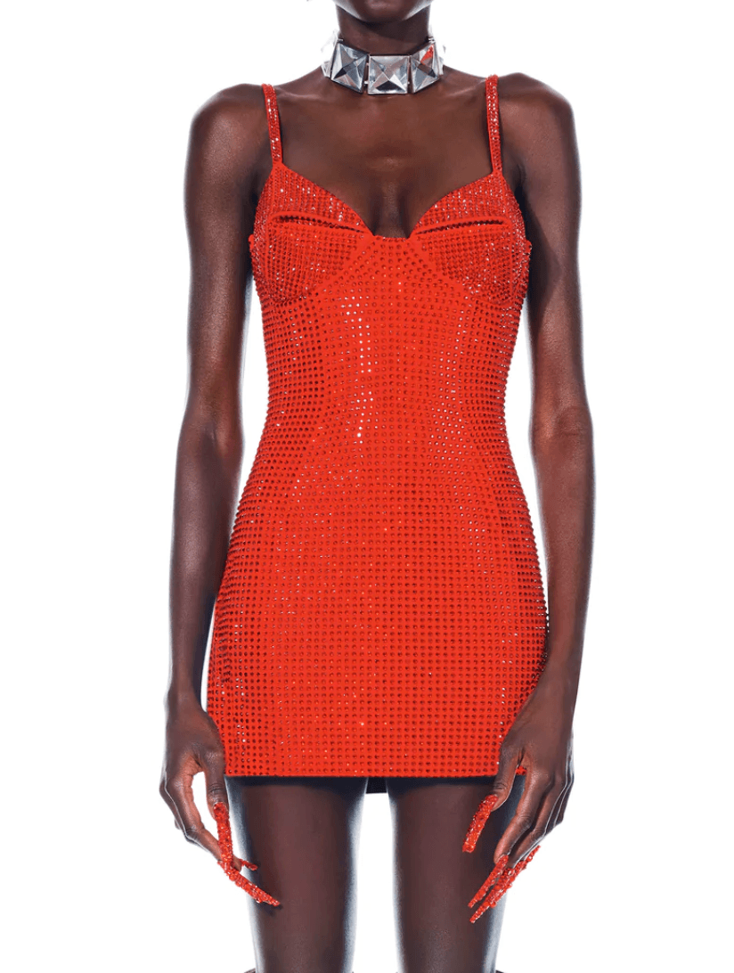 Area Red Crystal Embellished Mini Dress