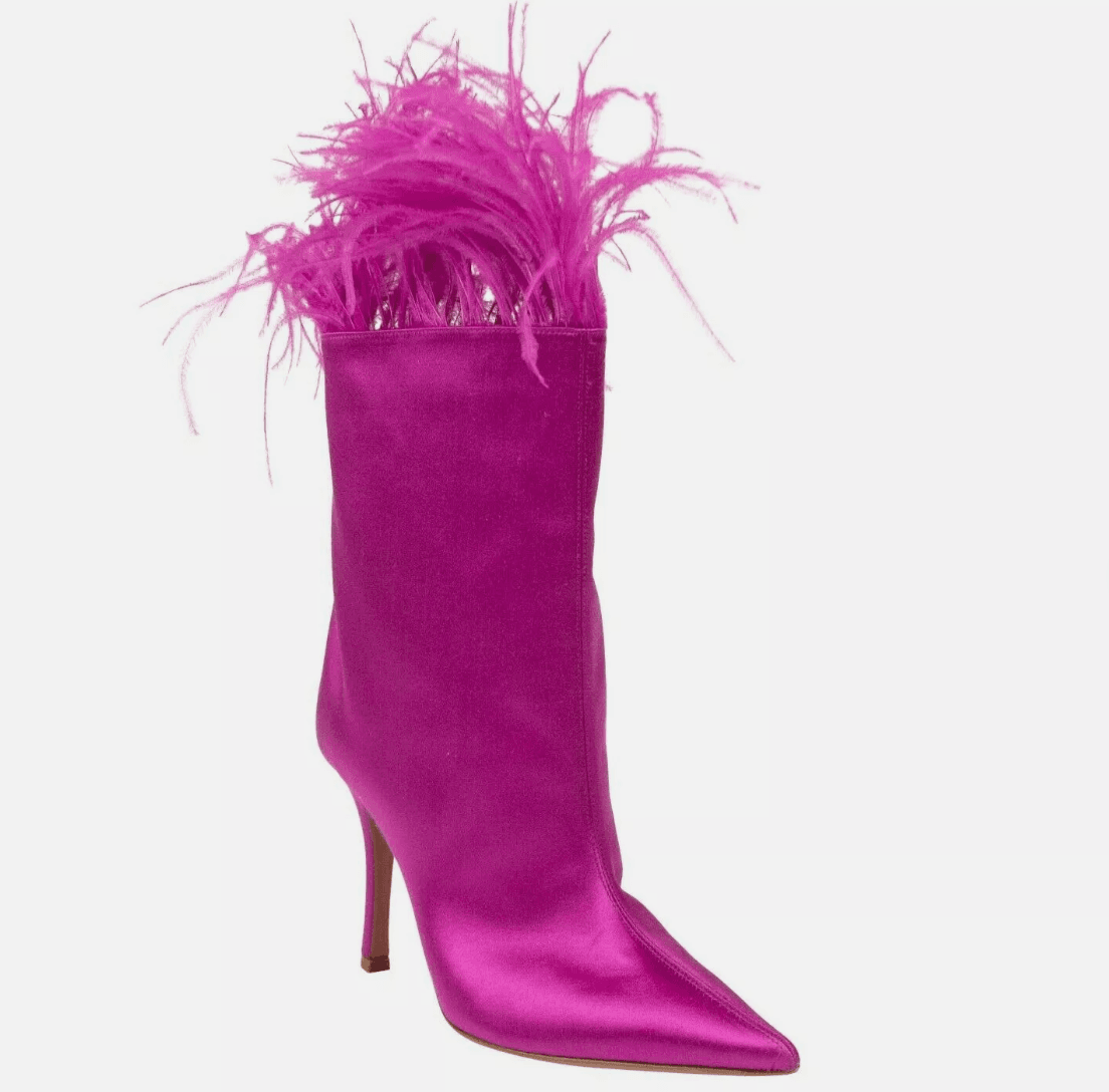 Amina Muaddi Pink Feather Boots