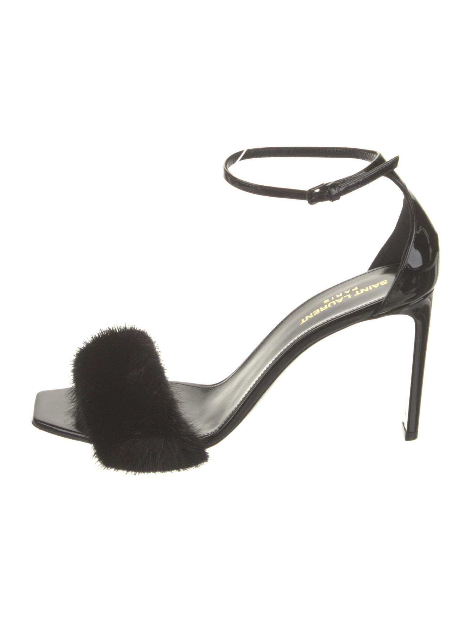 Saint Laurent Fur Patent Leather Sandals - Black