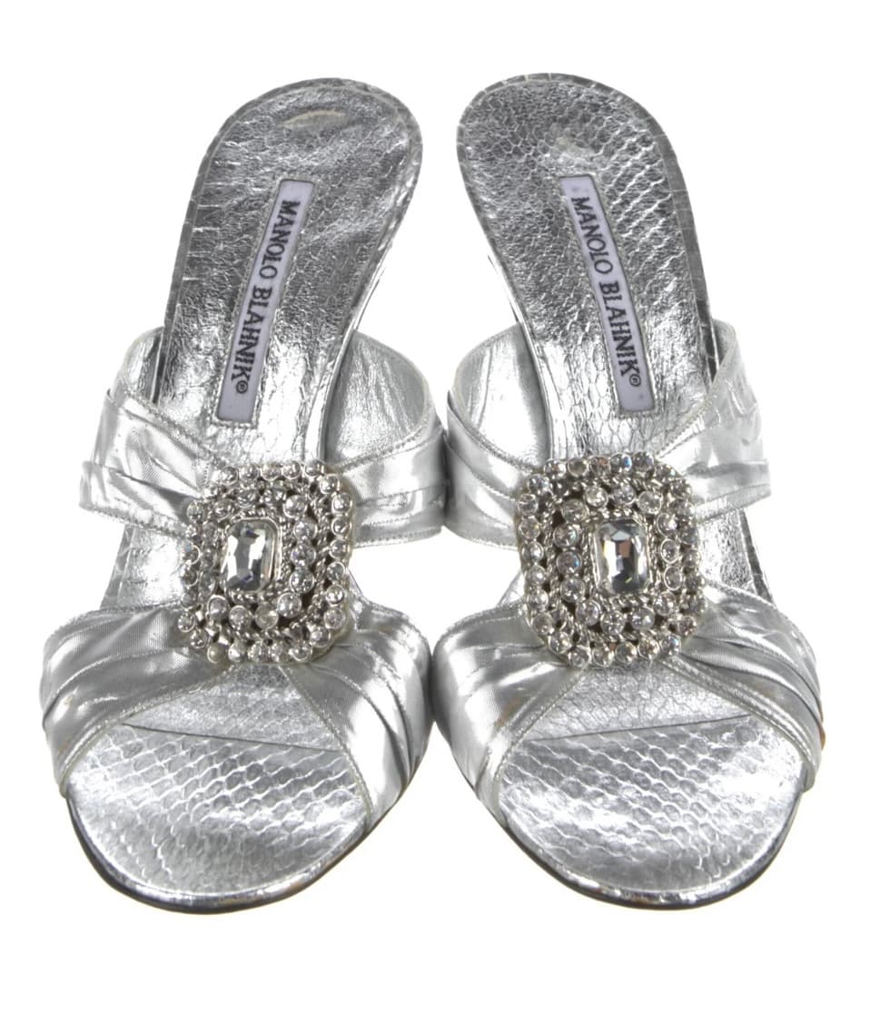 Manolo Blahnik Leather Crystal Embellishments Slides