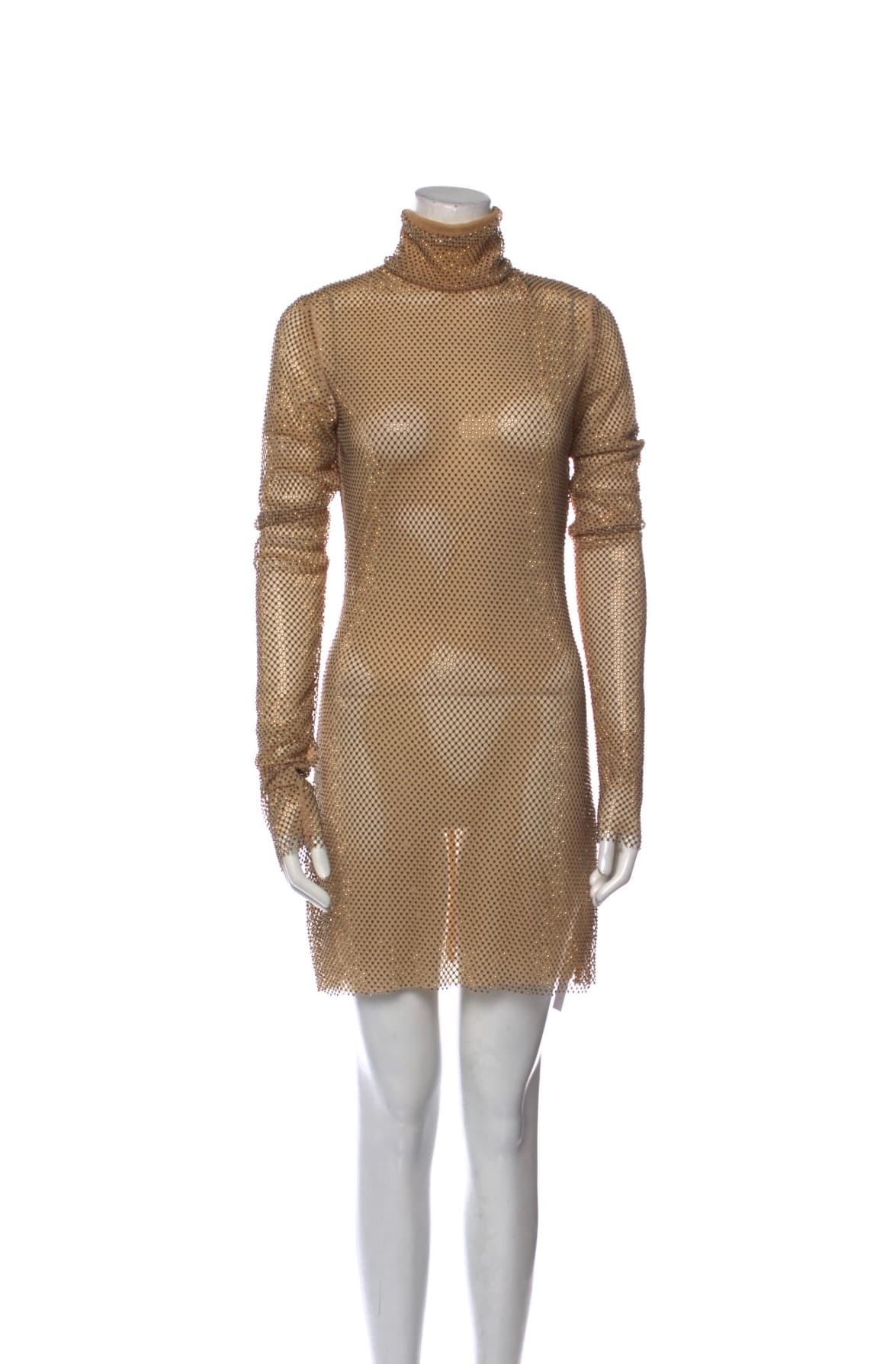 Laquan Smith Gold Crystal Sheer Long Sleeve Mock Dress