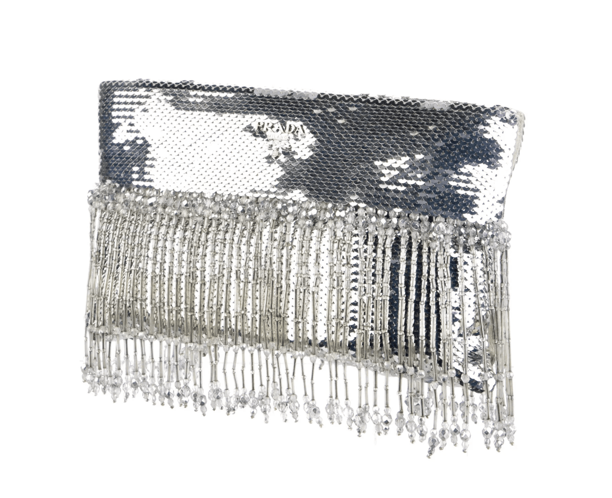 Prada Pailettes Fringe Clutch Silver
