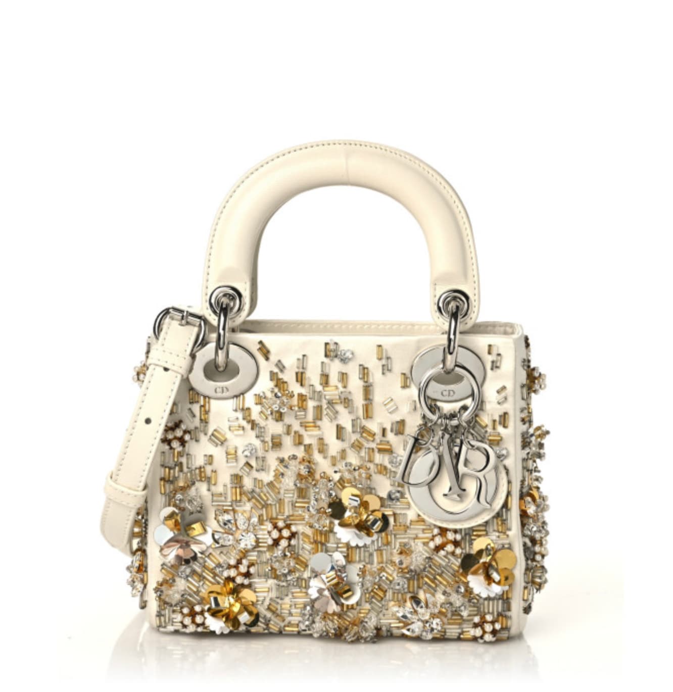 Christian Dior White Gold Satin Lambskin Sequin Embroidered Mini Lady Dior
