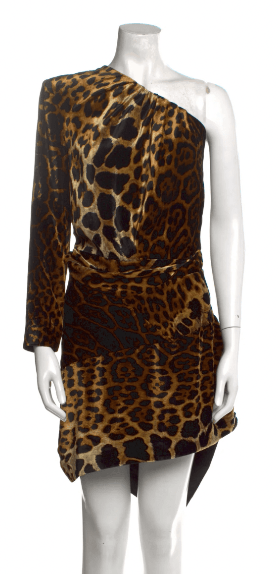 Saint Laurent Leopard Print One Shoulder Velvet Mini
