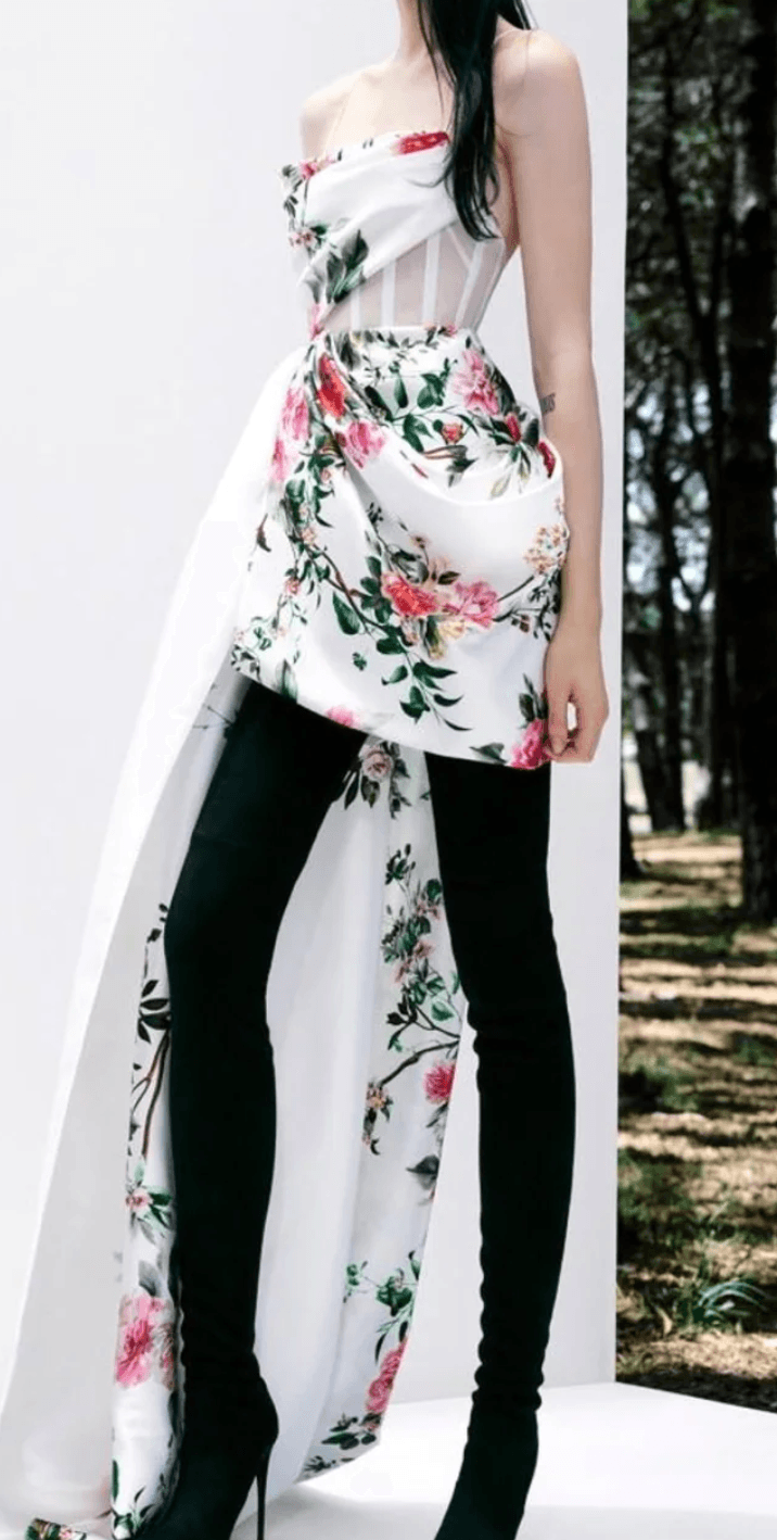 Alex Perry Corseted Floral Mini Dress With Train