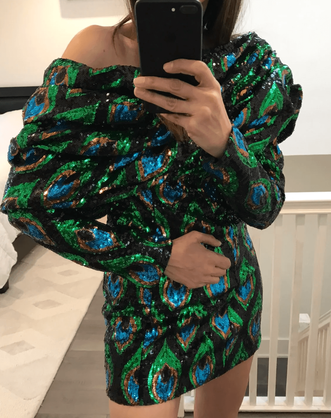 Giuseppe Di Morabito Black Green Sequin Off The Shoulder Mini