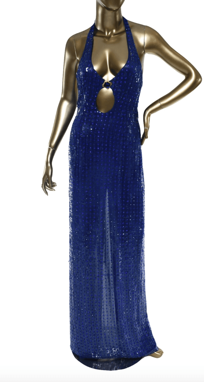 Raisa Vanessa Blue Rhinestone And Plexi Halter Gown