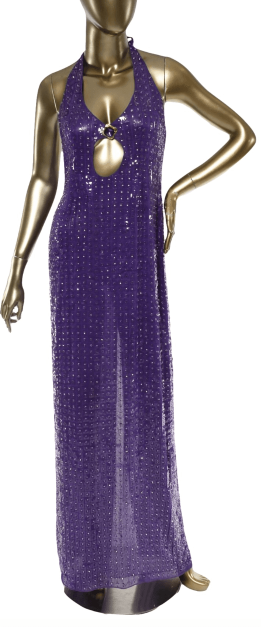 Raisa And Vanessa Purple Rhinestone And Plexi Halter Gown