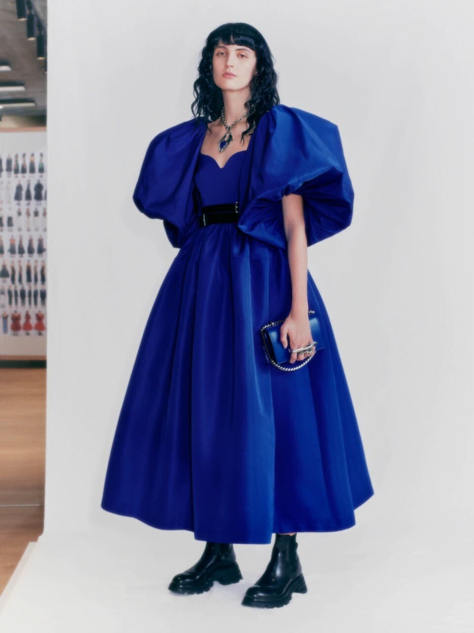 Alexander Mcqueen Blue Puff Sleeve Midi Dress