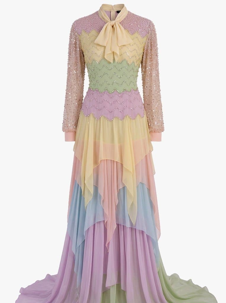 Gucci Pearl Beaded Multi-color Tiered Gown