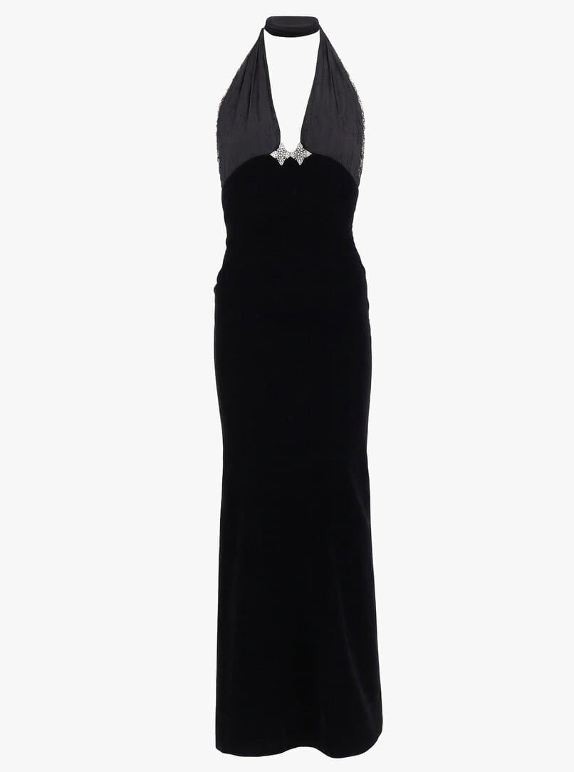 Alessandra Rich Velvet Lace Black Halterneck Gown