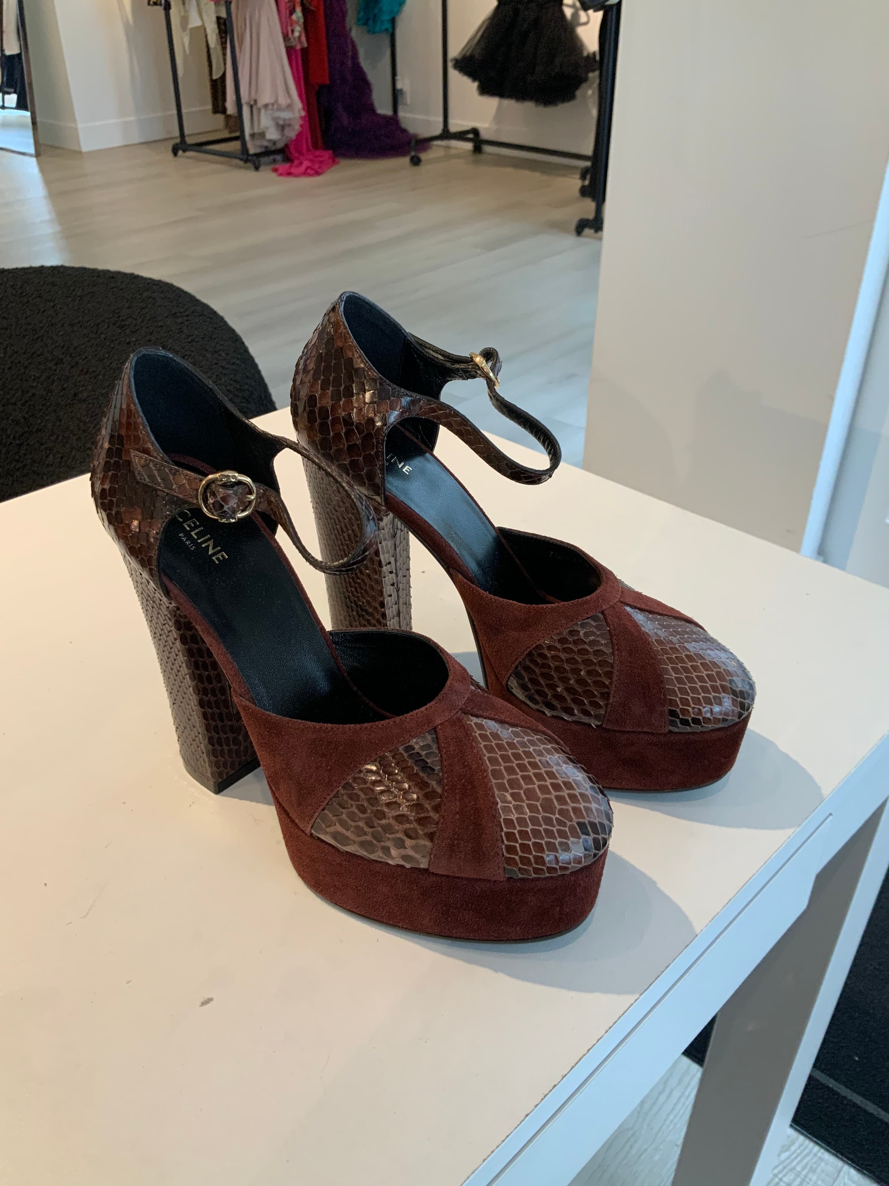 Celine Python Suede Calfskin Platform Block Heel Size 36