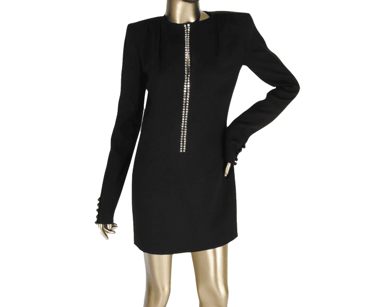 Saint Laurent Bateau Neckline Black Mini Dress Crystal Embellished