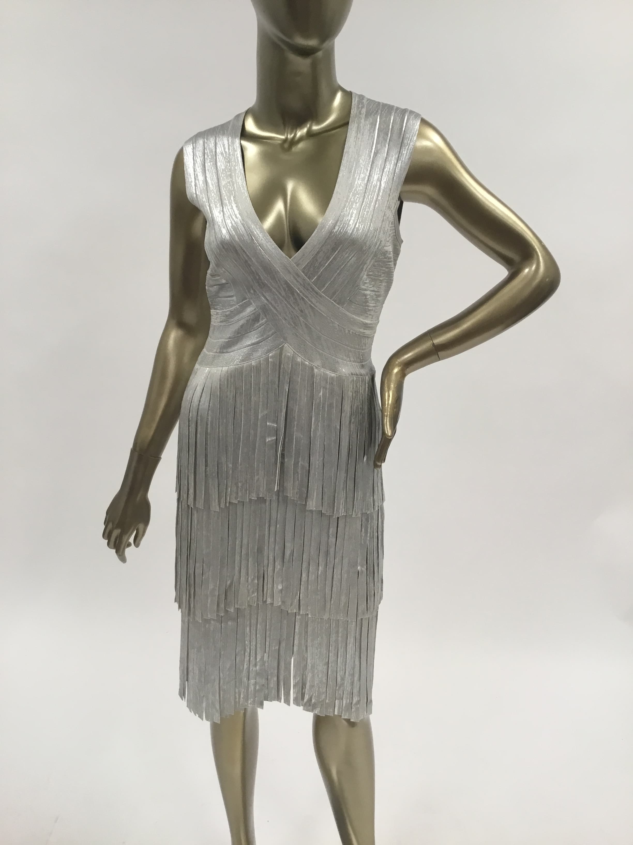 Herve Leger Silver Fringe Dress