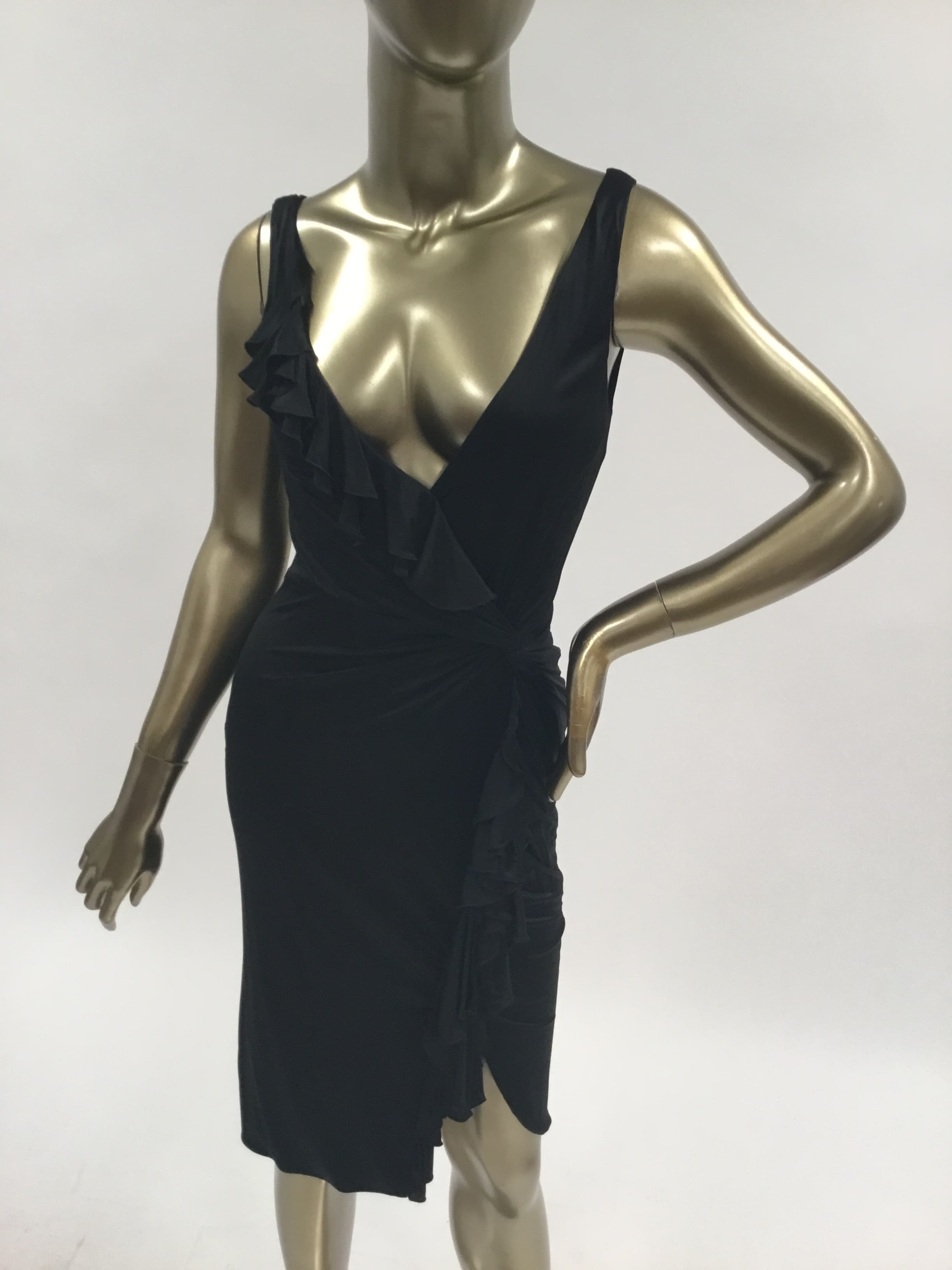 Versace Black Jersey V Neck With Ruffle Detailing