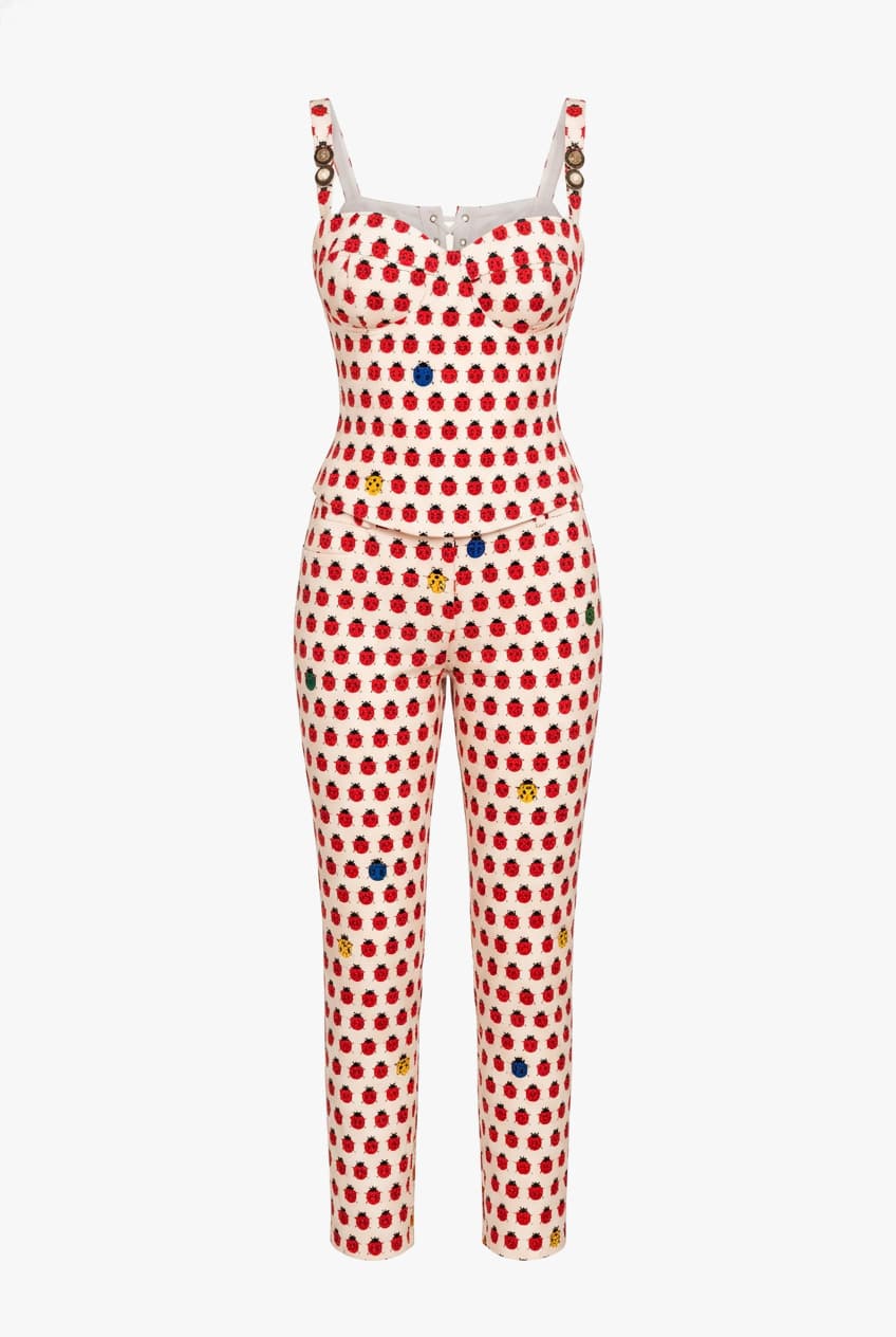 Gianni Versace Vintage 1995 Lady Bug Printed Corset And Jean Set